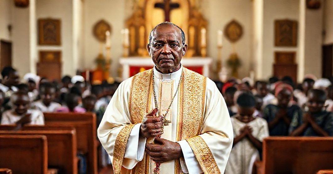 Catholic bishop in traditional vestments standing solemnly before St. Mary's Catholic Schools in Papiri, Nigeria, with rescued students kneeling in prayer.