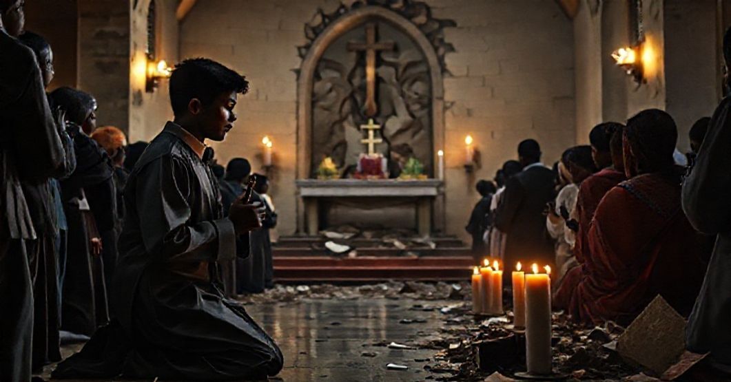 Nigerian Seminary Attack: A Call for Divine Intervention and Repentance Grieving faithful Catholics pray before a damaged chapel after an attack on a Nigerian seminary, highlighting the spiritual crisis in modernist clergy.