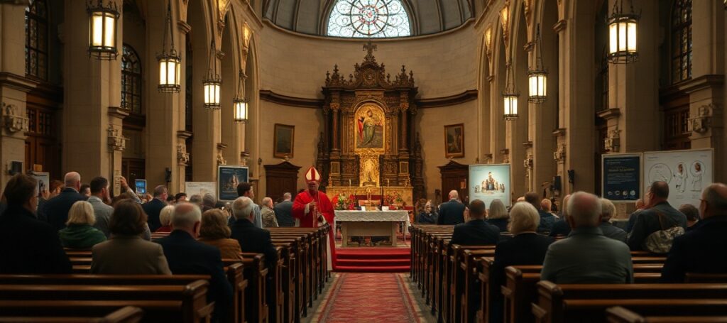 A traditional Catholic church interior during the 'Night of Churches' event, contrasting with ecumenical displays and indifferent visitors.