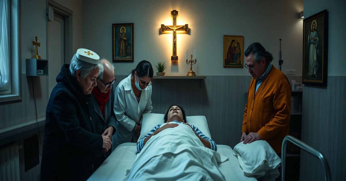 A somber Catholic scene depicting the tragic euthanasia of Noelia Castillo Ramos, a 25-year-old Spanish woman with mental illness, surrounded by her grieving parents.