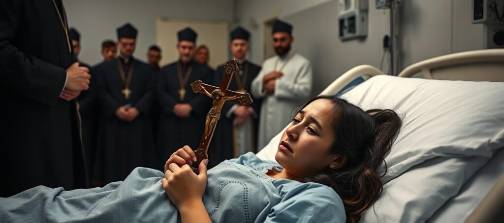 Young woman Noelia suffering in hospital bed with priest holding crucifix amidst indifferent bishops.
