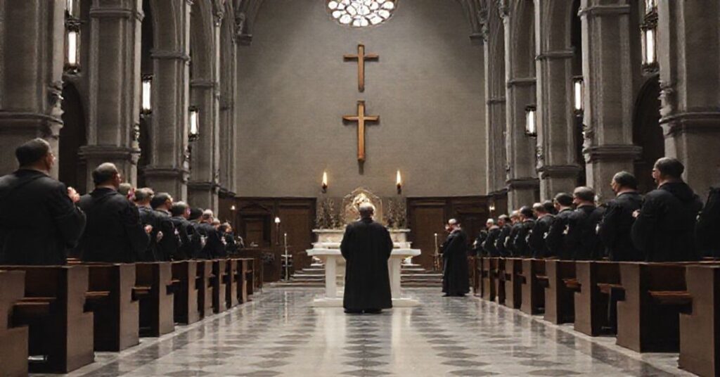 A contrasting image of traditional Catholic basilica interior with modernist subversive elements, highlighting the spiritual decay in contemporary Catholicism.