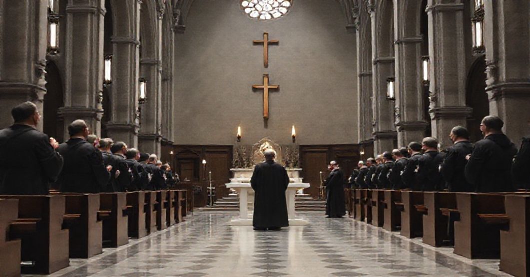 Rebuilt Norcia Basilica: Modernist Subversion of Sacred Space A contrasting image of traditional Catholic basilica interior with modernist subversive elements, highlighting the spiritual decay in contemporary Catholicism.