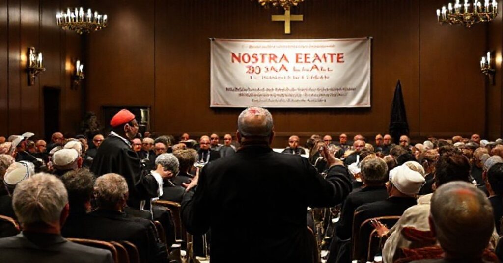 Interfaith symposium at the Pontifical University of the Holy Cross in 2025, featuring "Cardinal" George Koovakad and Prof. Philip Goyret with Jewish, Muslim, and Buddhist leaders.