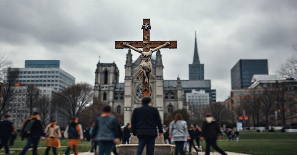 A solemn image of Notre Dame University campus with blurred figures walking away from a faded crucifix, symbolizing the erosion of Catholic identity.