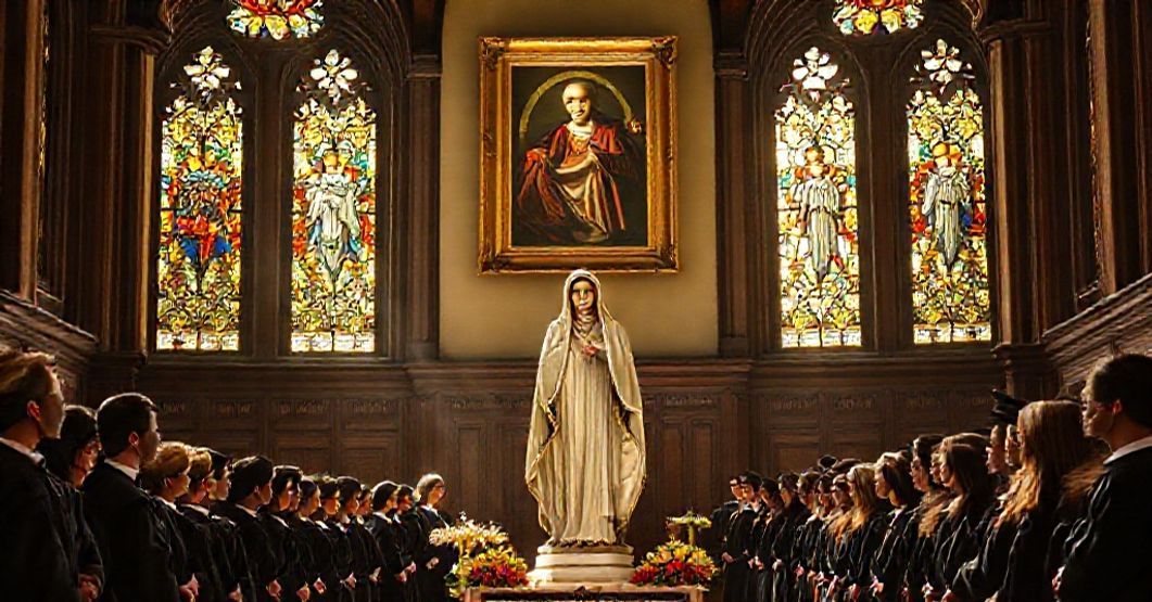 Traditional Catholic students at Notre Dame in solemn prayer before a statue of Our Lady, symbolizing pre-Vatican II orthodoxy and resistance to modernism.