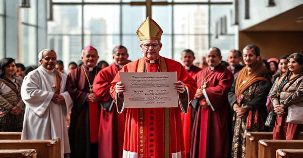 Conciliar bishops led by Timothy Dolan issuing a joint statement on immigration in a modern church setting