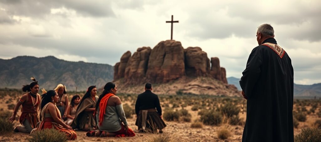Solemn image of Apache tribes performing pagan rituals at Oak Flat sacred site in Arizona, with a Catholic priest observing in the background.