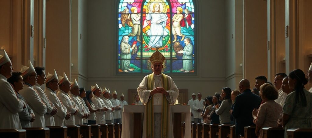 Modernist bishops in Guam's Dulce Nombre de Maria Cathedral-Basilica during a gathering on migration and ecology, overshadowing Christ the King.