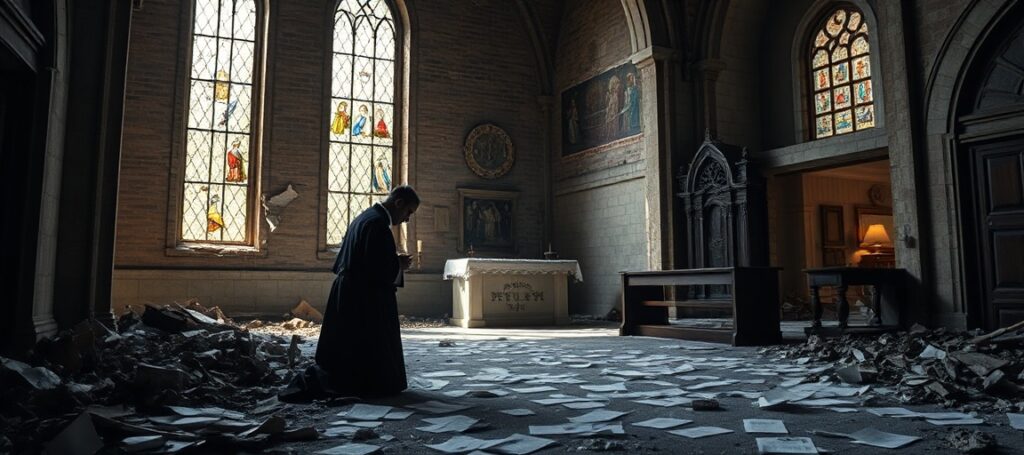 A solemn image of a ruined Catholic church in Ogdensburg, symbolizing the moral and spiritual collapse of the conciliar sect due to sex abuse scandals and doctrinal deviation.