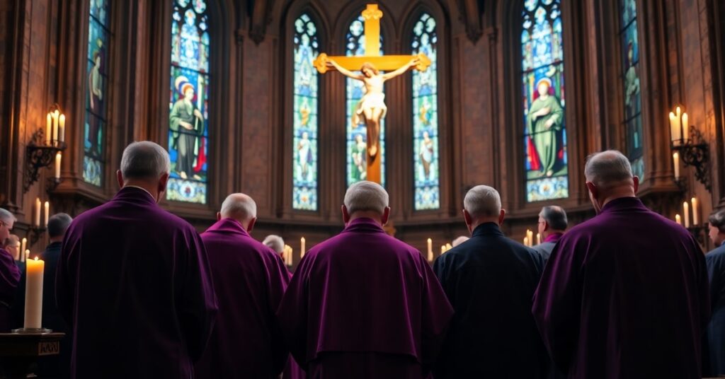 Archbishop Wenski and Ohio bishops in prayer before crucifix condemning conciliar social justice distortions