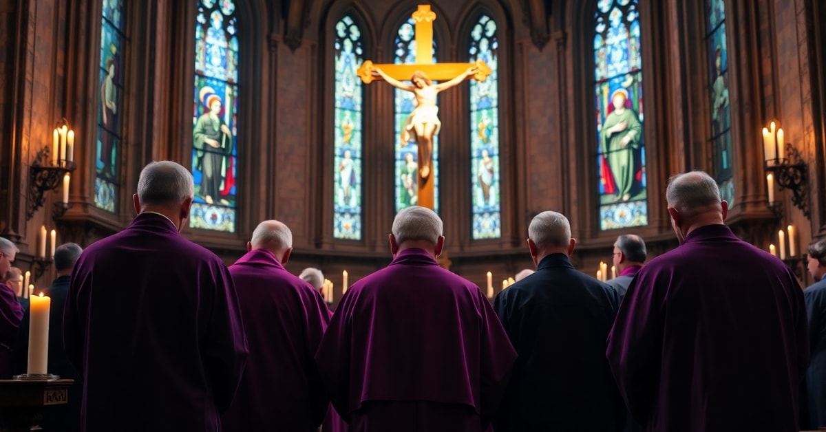 Archbishop Wenski and Ohio bishops in prayer before crucifix condemning conciliar social justice distortions