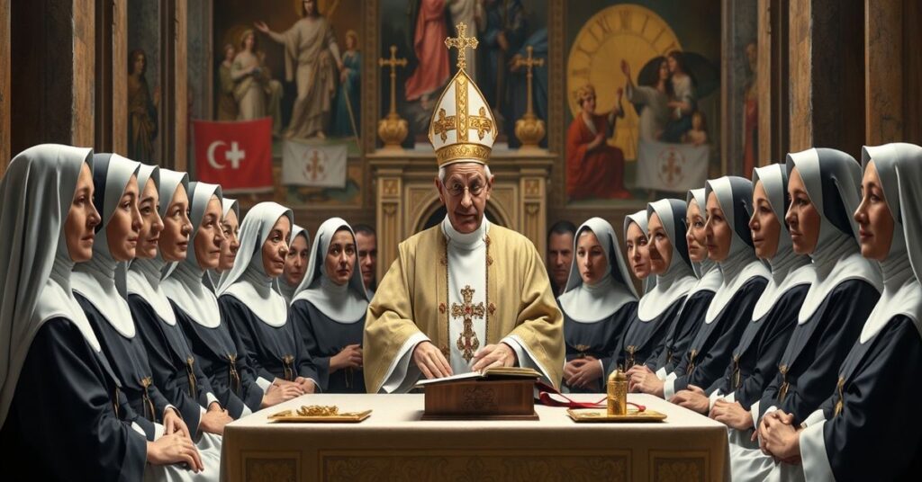 A realistic depiction of OLA Sisters and the antipope Leo XIV during a Mass at the Basilica of the Holy Apostles in Rome. The scene reflects modernist detachment from divine truth and the absence of Christ the King's supernatural focus.