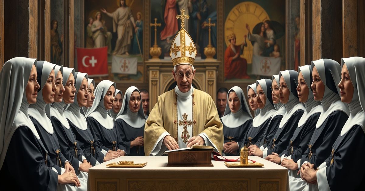 A realistic depiction of OLA Sisters and the antipope Leo XIV during a Mass at the Basilica of the Holy Apostles in Rome. The scene reflects modernist detachment from divine truth and the absence of Christ the King's supernatural focus.