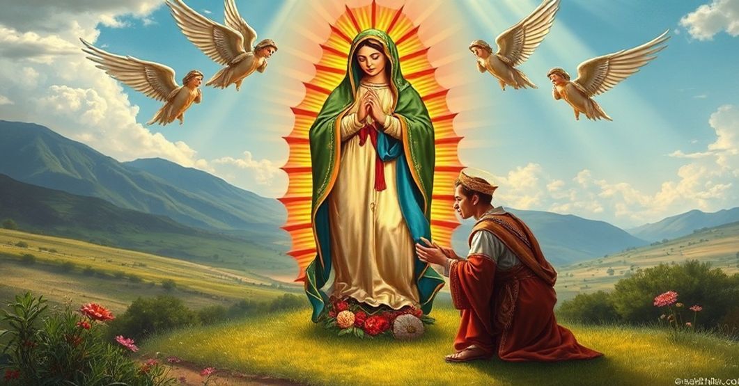 A solemn depiction of Our Lady of Guadalupe's miraculous tilma with St. Juan Diego kneeling in a serene Mexican landscape.
