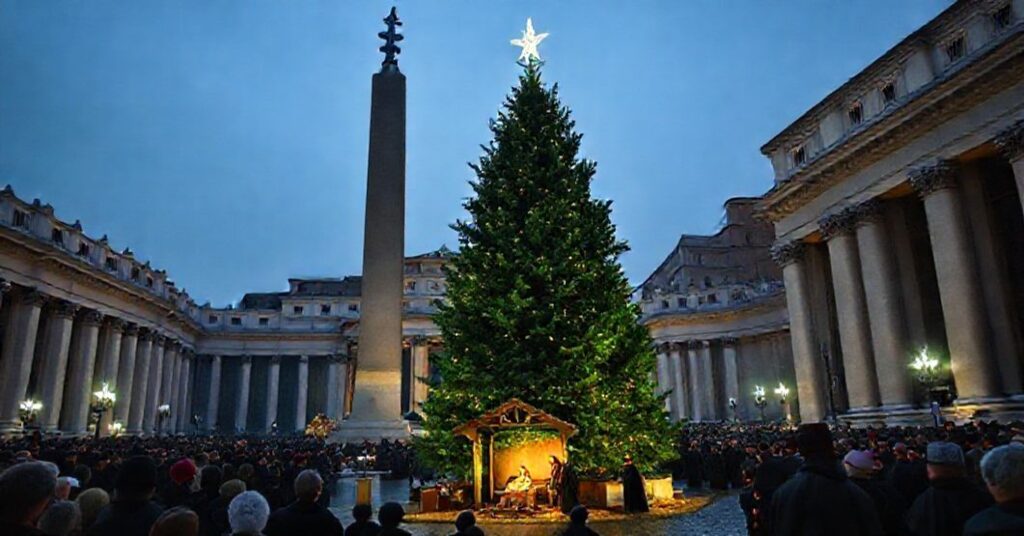 St. Peter's Square in 2025 with a towering pagan Christmas tree beside the Egyptian obelisk during a solemn ceremony presided over by 'Bishops' Ivo Muser and Giuseppe Giudice.