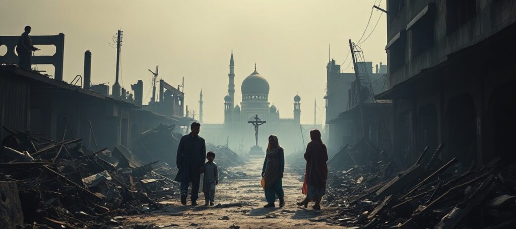 A realistic image depicting the aftermath of the mob lynching of Nazir Masih in Sargodha, Pakistan, showing his burned factory and grieving family amidst destruction.