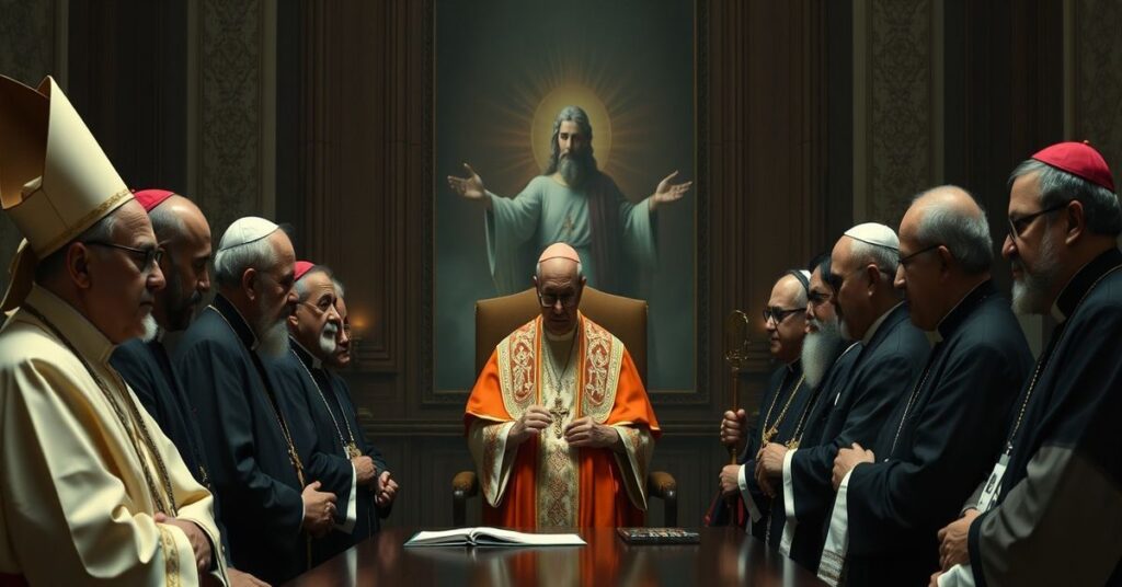 Catholic clergy in a modernist Vatican office during bishop reassignment ceremony.