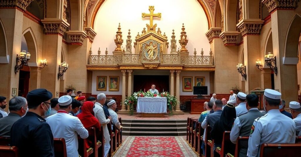 A solemn Catholic church in Pakistan under heavy police surveillance during a secularized interfaith event, symbolizing the betrayal of the Faith through false ecumenism.