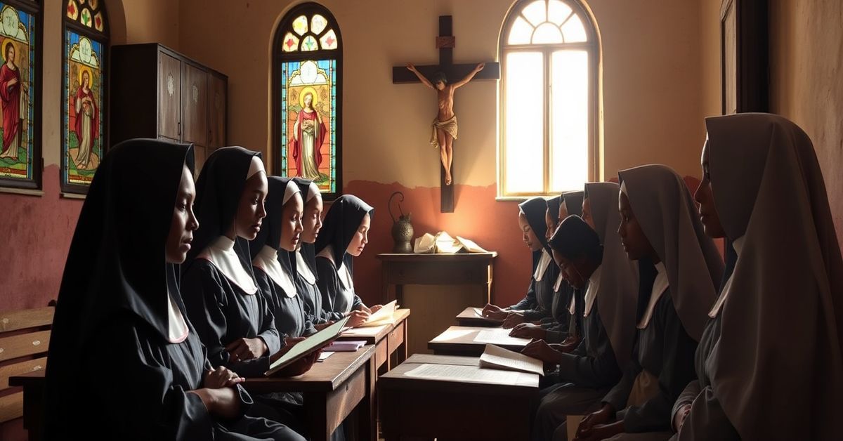 Pallottine Sisters in traditional habits teaching Tanzanian girls in a modest schoolroom with stained-glass windows depicting Catholic imagery.