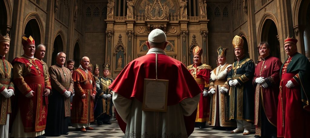 A Catholic bishop in traditional vestments stands solemnly before a grand cathedral, symbolizing the spiritual emptiness of modern papal diplomacy with monarchs.