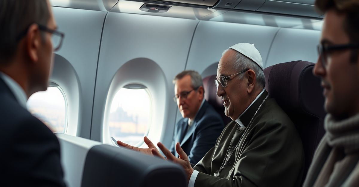 A solemn image depicting the antipope 'Pope Leo XIV' on a papal flight with ITA Airways and Lufthansa Group delegates, surrounded by secular symbols of worldly peace.