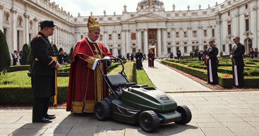 A solemn Vatican garden scene showing the usurper Leo XIV (Robert Prevost) receiving a luxury electric lawn mower from Czech officials, symbolizing materialism over spiritual priorities.