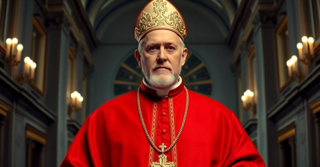 Leo XIV wearing the red papal mozzetta in a cathedral, symbolizing the hollow authority of the conciliar sect.