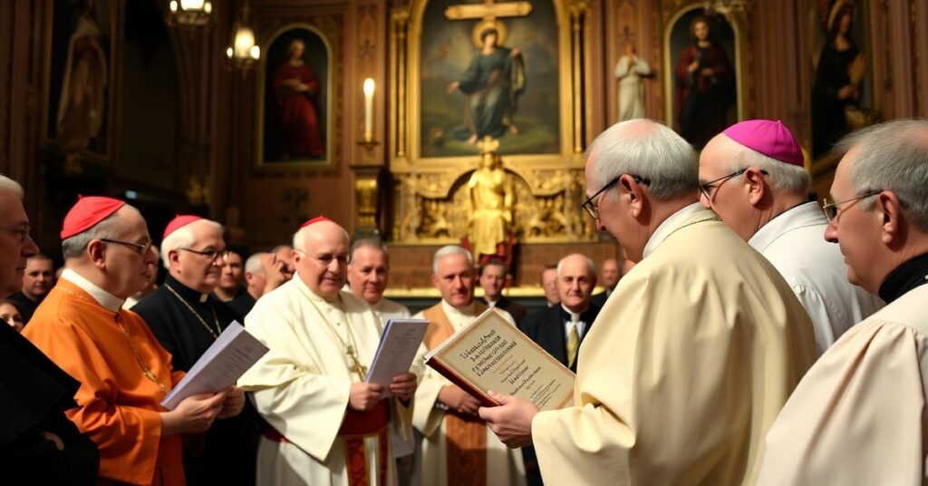 Archbishop Gabriele Caccia addressing U.S. bishops in Orlando, Florida, promoting conciliar continuity and distributing Vatican II documents.