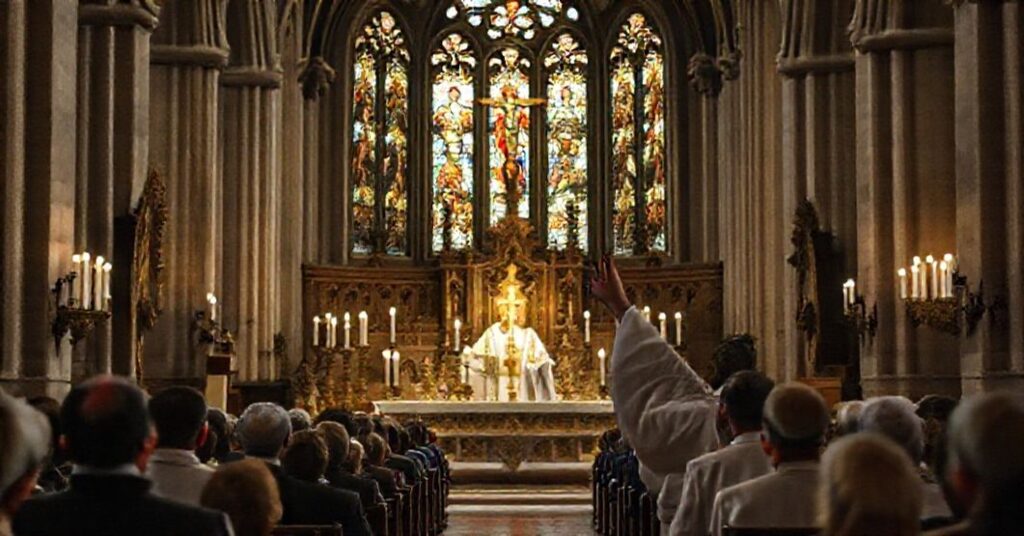 A traditional Catholic Mass in a historic French church commemorating the 2015 Paris jihadist attacks, with a priest in cassock and biretta before a congregation of faithful.