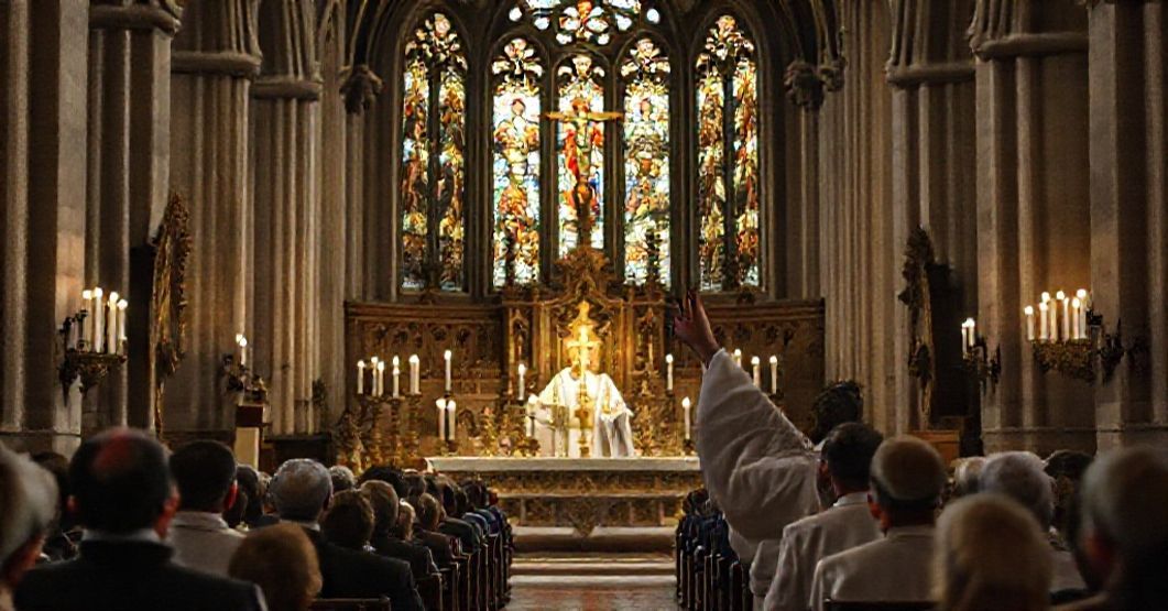 Traditional Catholic Mass Commemorating Paris Jihadist Victims A traditional Catholic Mass in a historic French church commemorating the 2015 Paris jihadist attacks, with a priest in cassock and biretta before a congregation of faithful.