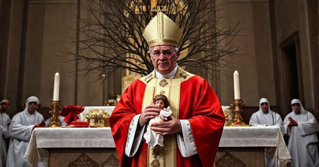 Pietro Parolin during Mass at Rome's Dermopathic Institute of the Immaculate Conception, holding a Baby Jesus figurine under a Christmas tree with oncology patients in background.