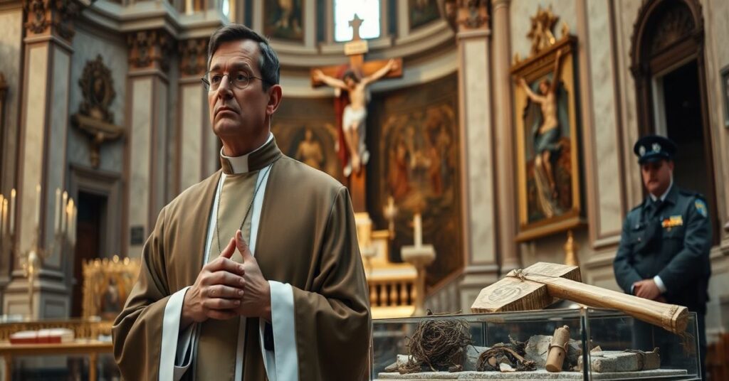 A reverent depiction of Passion relics in the Basilica of the Holy Cross of Jerusalem with a traditional Catholic priest and Spanish police officers.