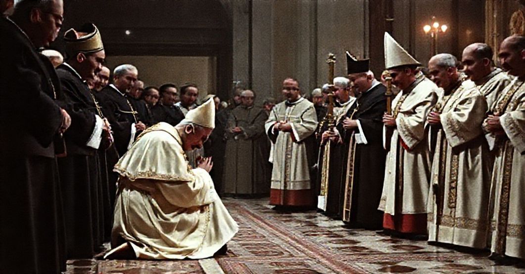 Antipope Paul VI kneeling before Orthodox Metropolitan Meliton in the Sistine Chapel during a 1975 ecumenical ceremony.