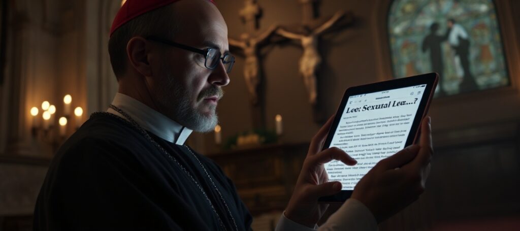 A devout Catholic man reading a paywalled article on a tablet in a dimly lit chapel, expressing dismay at the commodification of Catholic truth.