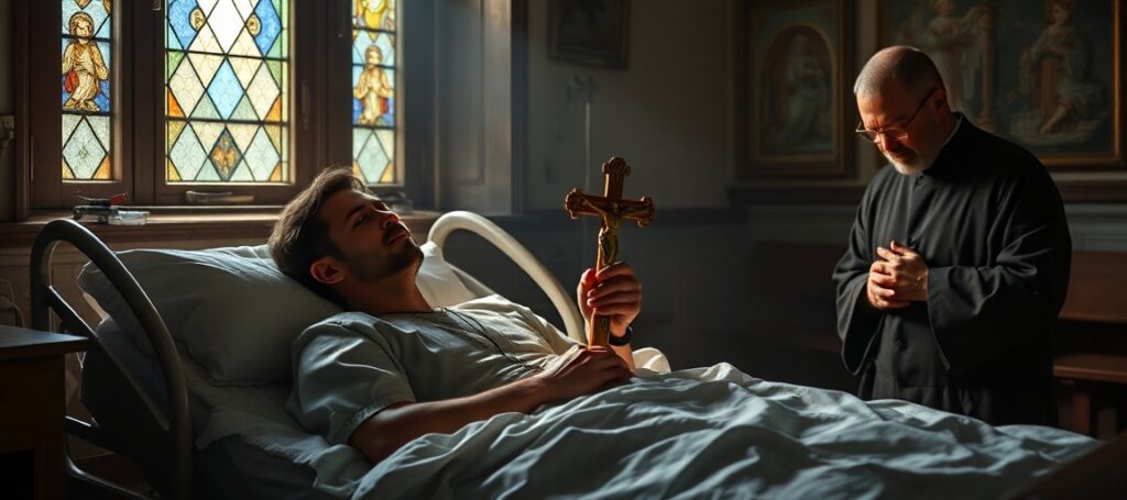 Portrait of Pedro Ballester, Opus Dei numerary, in a hospital bed with a crucifix, surrounded by dim light and modernist church architecture.
