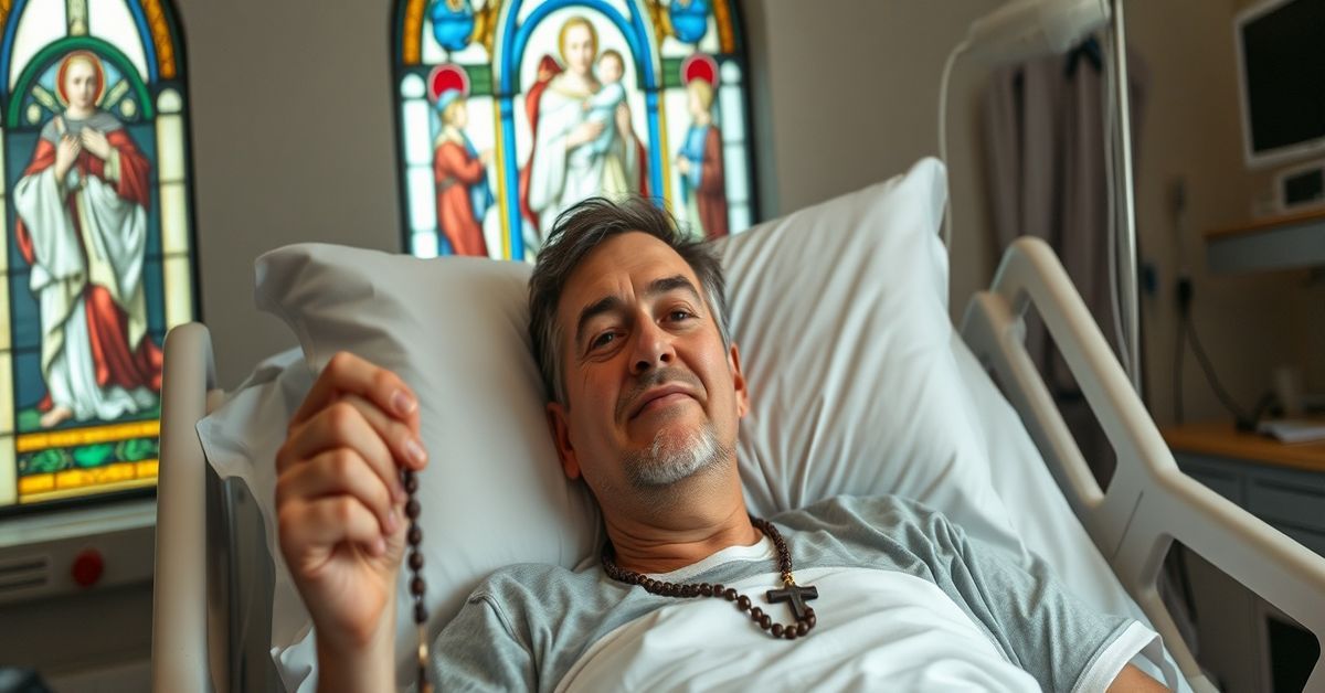 Portrayal of Pedro Ballester, a young Opus Dei member considered for canonization, lying in a hospital bed surrounded by medical staff.