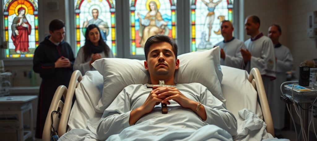 Portrait of Pedro Ballester, Opus Dei numerary, suffering in hospital bed with crucifix, surrounded by traditional Catholic clergy and family.