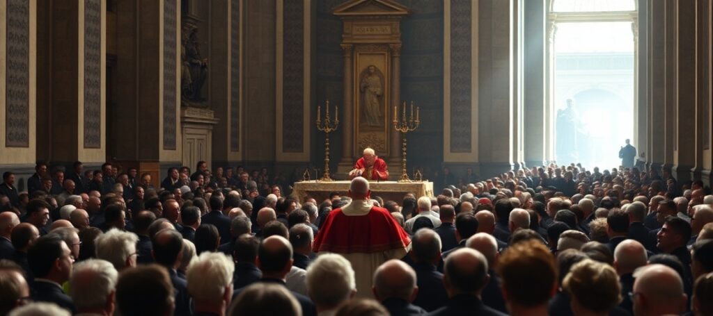 A solemn Pentecost homily in St. Peter's Basilica by Robert Prevost, who falsely styles himself 'Pope Leo XIV', with a congregation reflecting unease and spiritual decay.