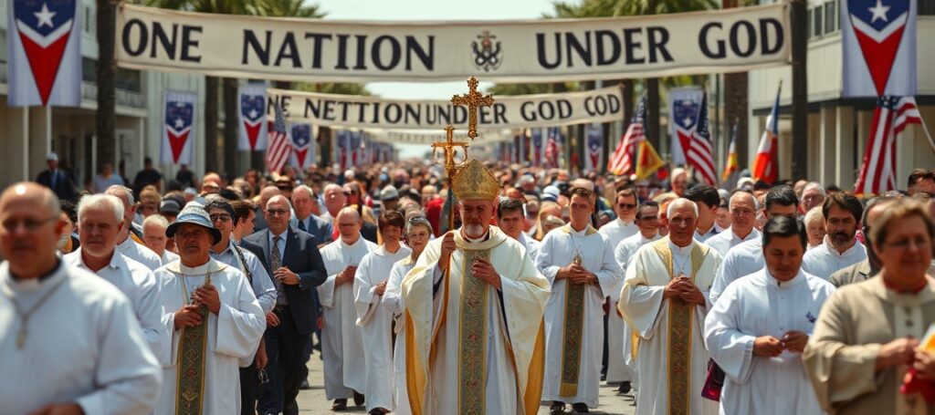 A solemn Pentecost procession in St. Augustine, Florida, 2026, led by Bishop Erik Pohlmeier, with nine perpetual pilgrims carrying the Blessed Sacrament under banners reading 'One Nation Under God.'