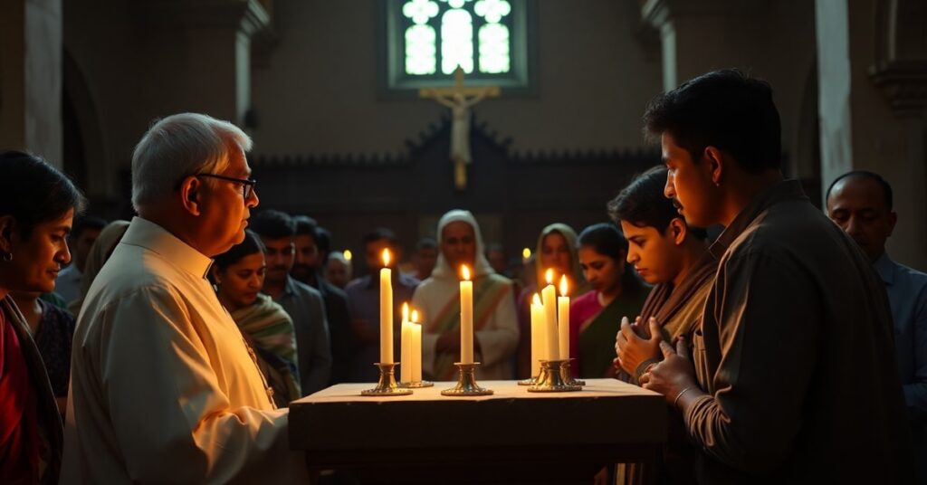 A solemn Catholic Mass in India with persecuted faithful praying amidst persecution, emphasizing spiritual strength and martyrdom.
