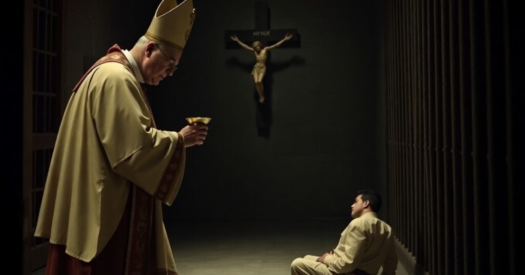 A Catholic priest offering the Eucharist to a kneeling prisoner in a dimly lit cell, symbolizing the denial of sacraments to persecuted Catholics.