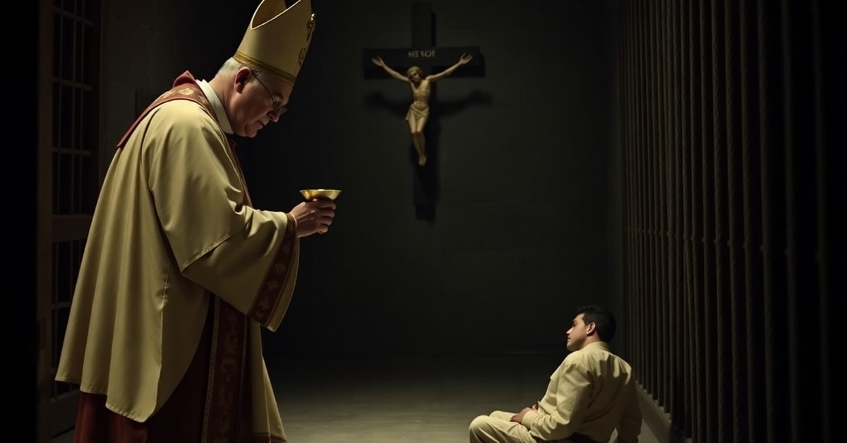 A Catholic priest offering the Eucharist to a kneeling prisoner in a dimly lit cell, symbolizing the denial of sacraments to persecuted Catholics.