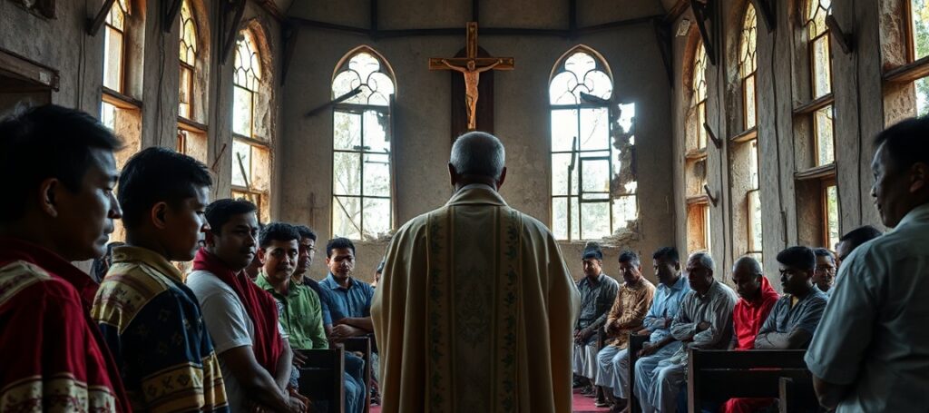 Catholic priest consoling injured Indigenous Christians in a destroyed church in Birganj, Bangladesh after violent land grab conflict.