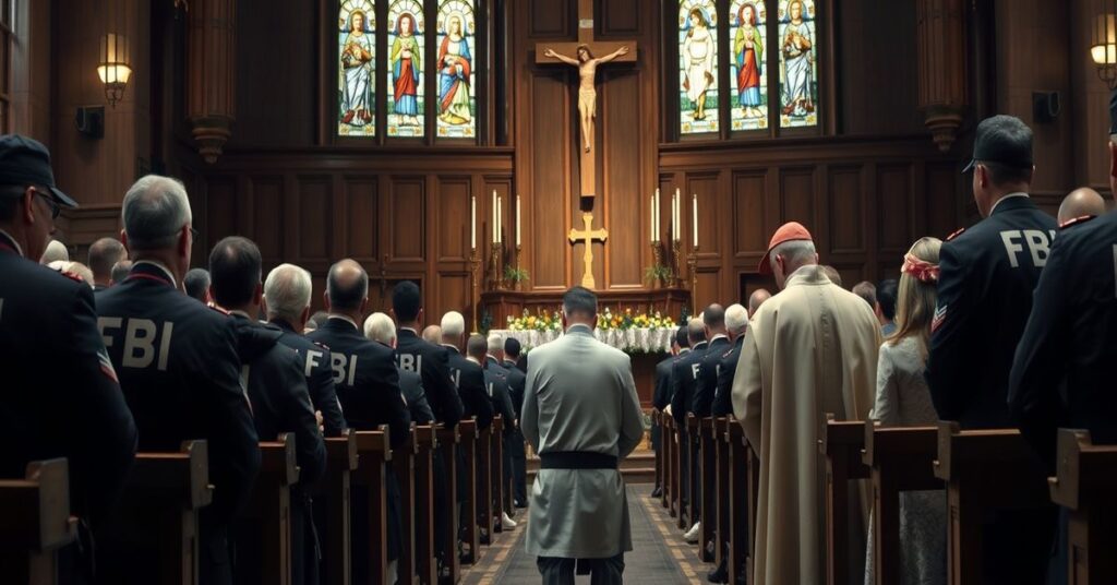 Faithful Catholics praying in a traditional church while under surveillance by FBI agents.
