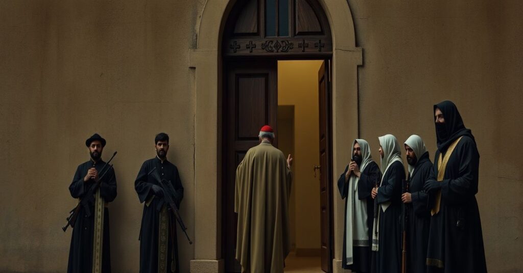 A traditional Catholic priest praying at a closed church door in Algeria, surrounded by armed authorities and modernist activists.