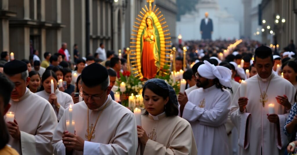 A traditional Catholic procession in Lima, Peru, reflecting the spiritual crisis amidst political chaos and the false promise of unity from a usurper.