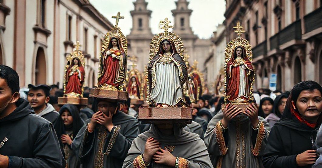 Traditional Catholic procession with youth carrying Our Lady of Chapi statue in Arequipa, depicting solemnity and doctrinal rigor.