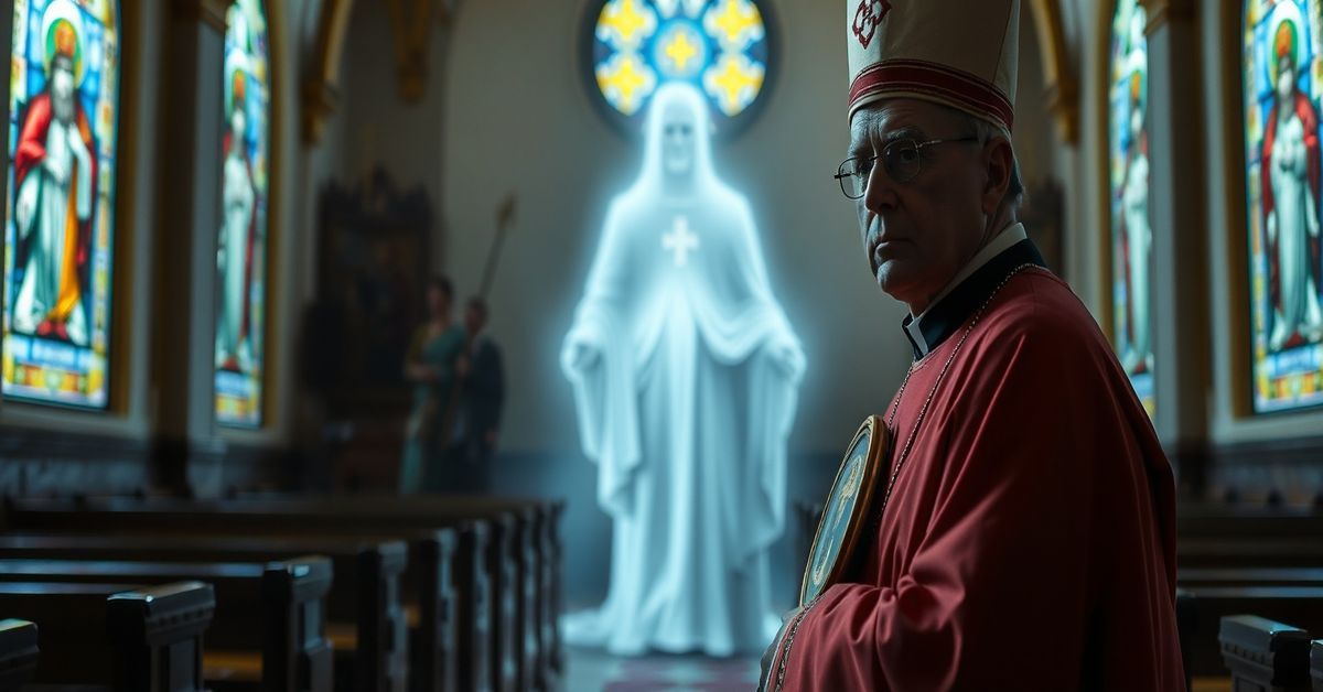 A Catholic bishop in traditional vestments holds a devotional image in a Peruvian church, symbolizing the spiritual conflict during the anticipated visit of antipope Leo XIV.