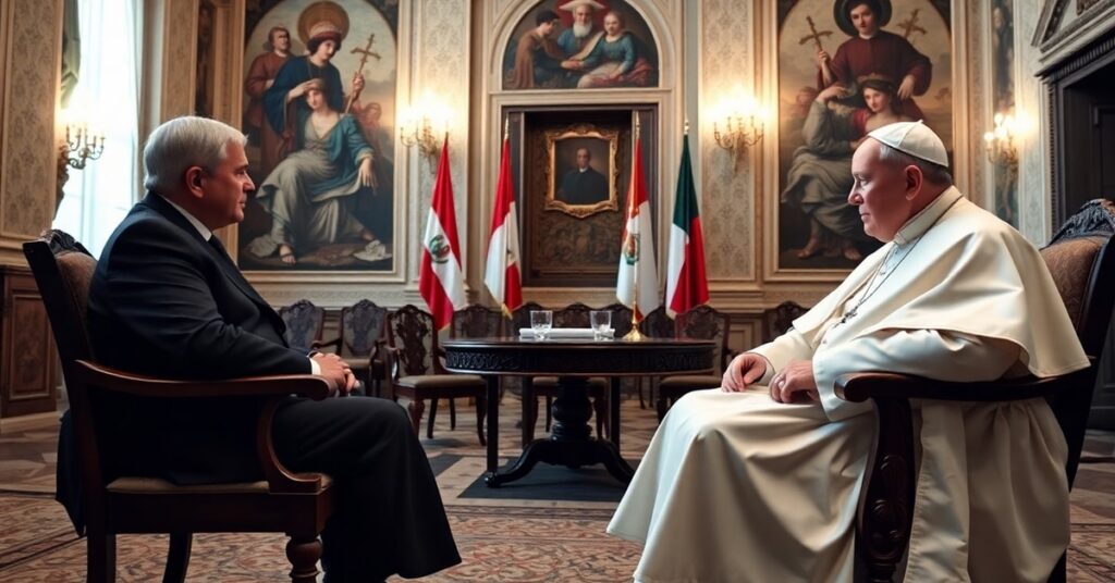 Peruvian President José María Balcázar in formal private audience with antipope Leo XIV in Vatican Apostolic Palace.